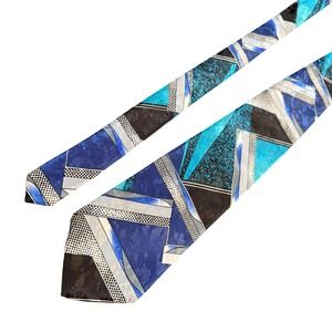 Italian Silk Styled Geometric Abstract Blue Aqua Black Silver Tie Mens RETRO